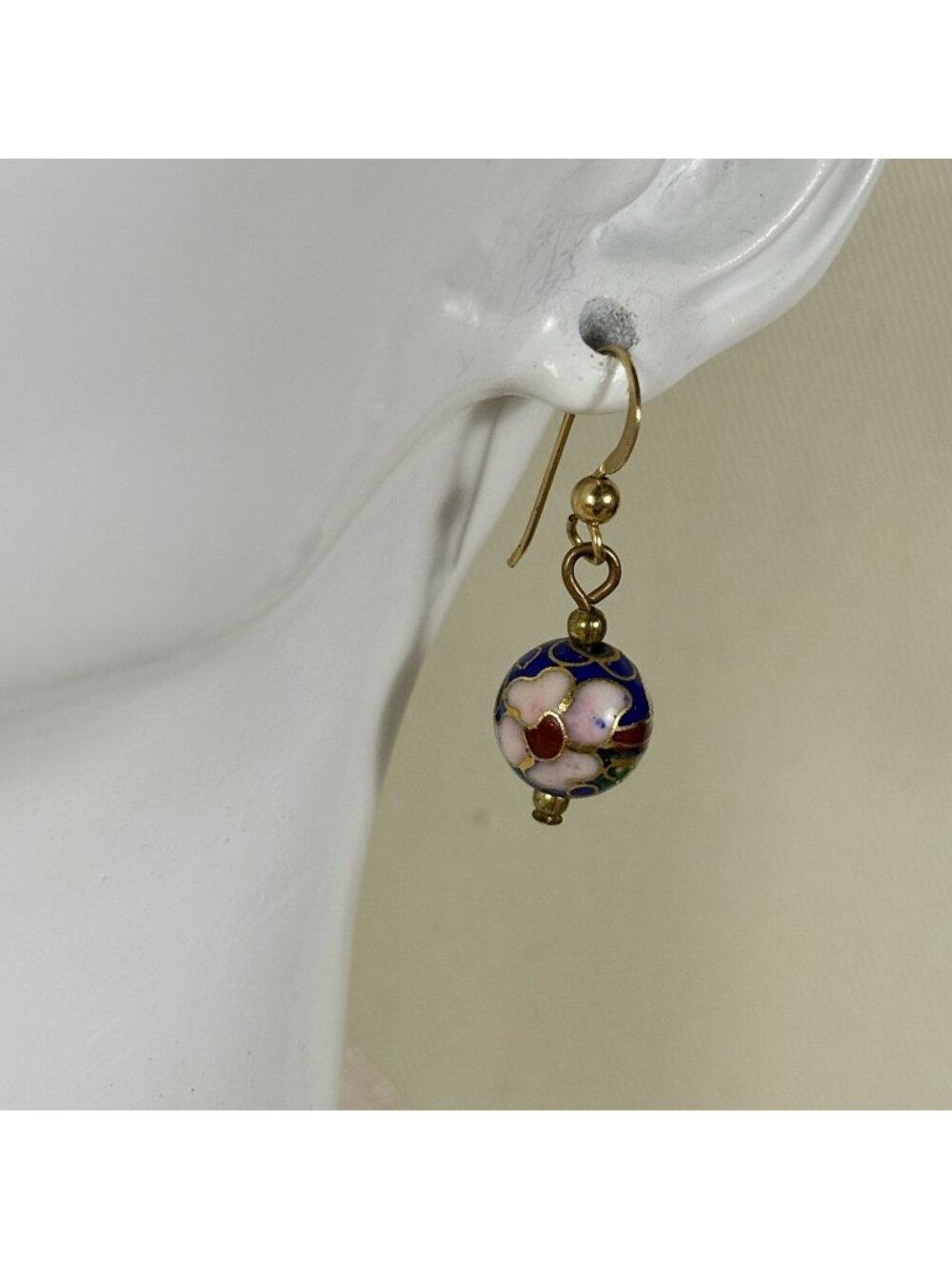 Vintage Dangle Drop Pink Floral cloisonné Earrings Pierced C47 Jewelry